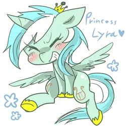Size: 600x600 | Tagged: safe, artist:kyubi, derpibooru import, lyra heartstrings, alicorn, pony, alicornified, blushing, crown, cute, eyes closed, grin, lyrabetes, lyracorn, pixiv, princess, race swap, simple background, smiling, solo, spread wings, white background