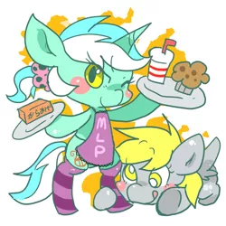 Size: 600x600 | Tagged: safe, artist:kyubi, derpibooru import, derpy hooves, lyra heartstrings, pony, alternate hairstyle, apron, bipedal, clothes, muffin, pixiv, ponytail, socks, striped socks, wink