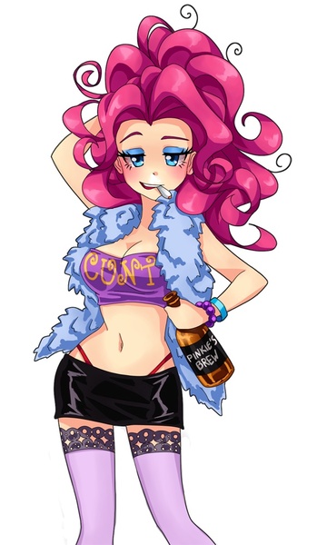 Size: 600x1001 | Tagged: alcohol, artist:semehammer, belly button, bimbo, breasts, busty pinkie pie, cleavage, clothes, cunt, curly hair, derpibooru import, drugs, drunk, drunkie pie, eyebrows, eyelashes, eyeshadow, female, human, humanized, makeup, midriff, miniskirt, .mov, panties, party.mov, pinkie pie, pinkie slut, simple background, skirt, smoking, solo, solo female, stockings, suggestive, text, thigh highs, thong, underwear, vulgar