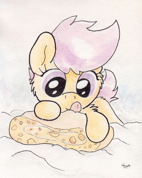 Size: 738x926 | Tagged: artist:slightlyshade, cake, derpibooru import, food, safe, scootaloo, snow, solo, strudel, traditional art