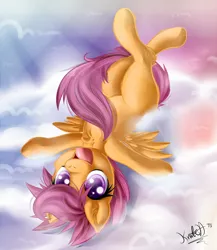 Size: 955x1100 | Tagged: artist:knifeh, chest fluff, cloud, cloudy, cute, cutealoo, derpibooru import, on back, safe, scootaloo, solo