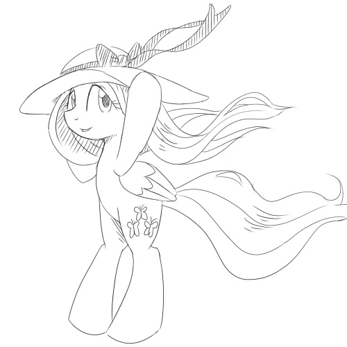 Size: 500x500 | Tagged: artist:30clock, derpibooru import, fluttershy, hat, lineart, monochrome, pixiv, safe, solo, windswept mane