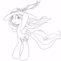 Size: 500x500 | Tagged: artist:30clock, derpibooru import, fluttershy, hat, lineart, monochrome, pixiv, safe, solo, windswept mane