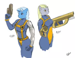 Size: 1900x1483 | Tagged: anthro, artist:remenbrand, derpibooru import, derpy hooves, gun, parody, safe, trixie, x-men