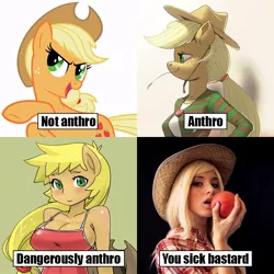Size: 800x800 | Tagged: suggestive, artist:kevinsano, artist:shepherd0821, derpibooru import, applejack, anthro, earth pony, human, pony, abs, ambiguous facial structure, anthro chart, anthro with ponies, applebucking thighs, applejack's hat, belly button, blushing, breasts, busty applejack, chart, cleavage, clothes, cosplay, cowboy hat, dangerously anthro, dangerously furry, denim skirt, female, hand on hip, hat, irl, irl human, mare, meme, meta, midriff, one-piece swimsuit, photo, skirt, solo, solo female, standing, stetson, stockings, straw in mouth, swimsuit, text, thigh highs, vulgar, you sick bastard