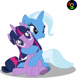 Size: 2276x2321 | Tagged: safe, artist:kyoshyu, derpibooru import, trixie, twilight sparkle, doll, female, lesbian, pouting, shipping, simple background, transparent background, twidoll, twixie, vector