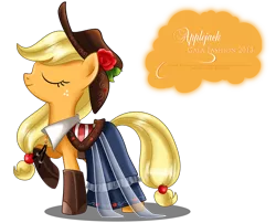 Size: 1304x1053 | Tagged: applejack, artist:tiffanymarsou, clothes, derpibooru import, dress, eyes closed, gala dress, raised hoof, safe, solo