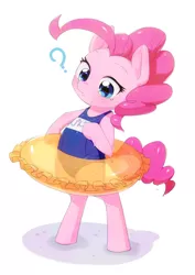 Size: 1280x1810 | Tagged: safe, artist:aruurara, derpibooru import, pinkie pie, semi-anthro, ask school swimsuit pinkie pie, ballet, bipedal, clothes, cute, diapinkes, floaty, image, inner tube, jpeg, one-piece swimsuit, school swimsuit, simple background, solo, sukumizu, swimsuit, white background