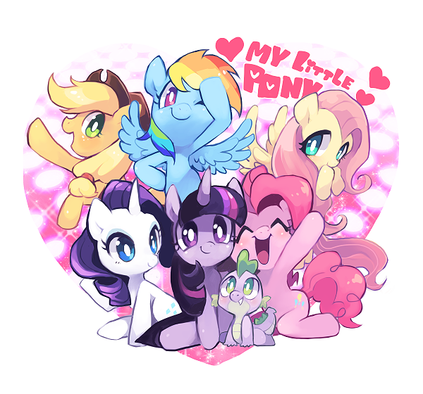 Size: 600x560 | Tagged: safe, artist:koko24, derpibooru import, applejack, fluttershy, pinkie pie, rainbow dash, rarity, spike, twilight sparkle, earth pony, pegasus, pony, unicorn, ^^, cute, dashabetes, diapinkes, eyes closed, heart, jackabetes, mane seven, mane six, one eye closed, open mouth, pixiv, profile, raribetes, shyabetes, sitting, spikabetes, twiabetes, white pupils, wink