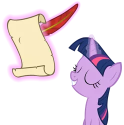 Size: 4226x4261 | Tagged: dead source, safe, artist:dentist73548, derpibooru import, twilight sparkle, pony, unicorn, stare master, absurd resolution, bust, eyes closed, female, levitation, magic, mare, quill, scroll, simple background, smiling, solo, telekinesis, transparent background, vector, writing