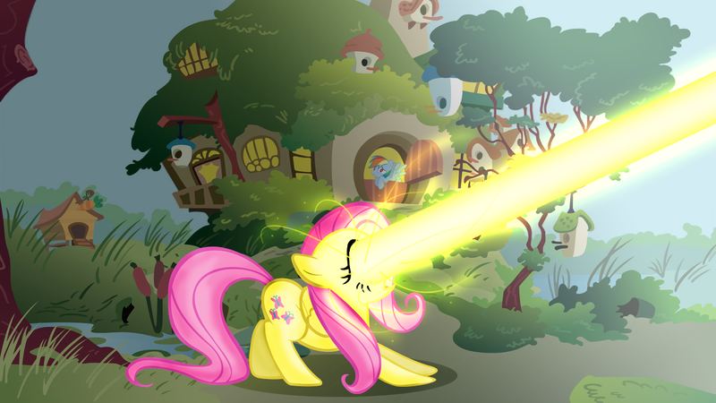 Size: 1191x670 | Tagged: dead source, safe, artist:hexagonpie, artist:saturtron, artist:silverpelt24, artist:vladimirwiktor, derpibooru import, fluttershy, rainbow dash, eye beams, hyper beam, lasershy, optic blast, the stare, this will end in tears and/or death