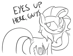 Size: 1908x1480 | Tagged: safe, artist:killryde, derpibooru import, oc, oc:milky way, unofficial characters only, pony, eyes up here, female, mare, monochrome, my eyes are up here, plot, solo