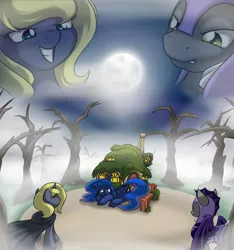 Size: 3000x3200 | Tagged: safe, artist:theparagon, derpibooru import, princess luna, oc, oc:moonshroud, bat pony, pony, hunted luna, colored pupils, followers, forest, night guard, thanks