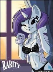 Size: 749x1015 | Tagged: anthro, artist:toongrowner, bed hair, belly button, black underwear, bra, breasts, busty rarity, cleavage, clothes, coffee, derpibooru import, dress shirt, female, messy mane, morning, mug, one eye closed, panties, rarity, solo, solo female, suggestive, underwear