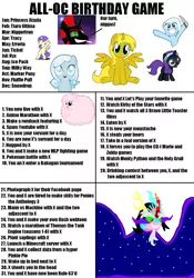 Size: 1266x1809 | Tagged: safe, derpibooru import, alula, pluto, princess erroria, oc, oc:fluffle puff, oc:ice pack, oc:marker pony, oc:milky way, oc:niggertron, oc:nyx, oc:princess ataxia, oc:snowdrop, oc:ticket, oc:tracy cage, alicorn, pony, alicorn oc, birthday game, exploitable meme, female, fluffy, mare, meme, red and black oc, tiara ultima