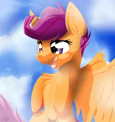 Size: 3765x4000 | Tagged: safe, artist:ralek, derpibooru import, scootaloo, pegasus, pony, chest fluff, cloud, female, filly, flying, happy, open mouth, scootaloo can fly, sky, solo, spread wings, starry eyes, wingding eyes, wings