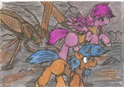 Size: 1280x897 | Tagged: safe, artist:zubias, derpibooru import, oc, oc:evening breeze, oc:tripwire, unofficial characters only, pegasus, pony, unicorn, fallout equestria, female, mare, scared, younger