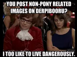 Size: 473x348 | Tagged: austin powers, barely pony related, derpibooru, derpibooru import, first world anarchist, human, hypocrisy, image macro, irony, i too like to live dangerously, meme, meta, not sure if pony related, reaction image, safe, site related, text