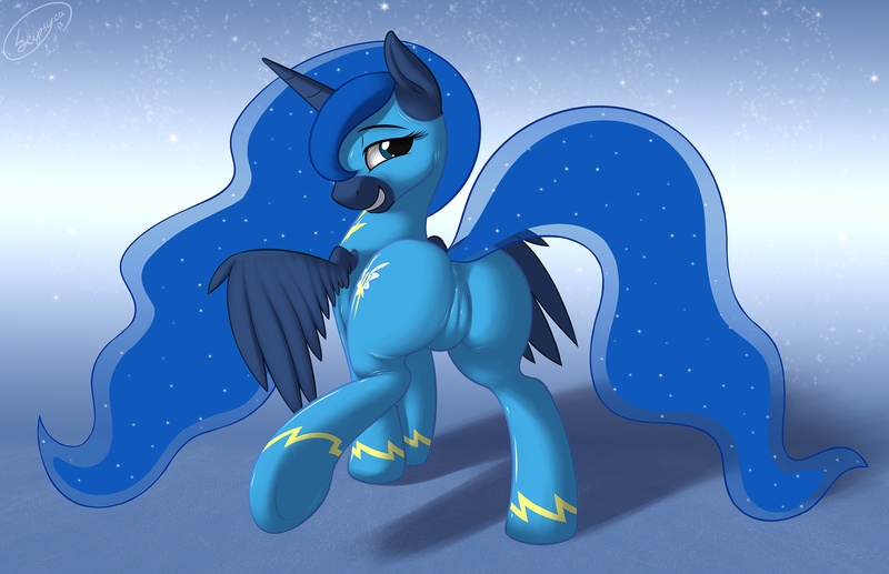 Size: 2500x1615 | Tagged: questionable, artist:skipsy, derpibooru import, princess luna, alicorn, pony, anus cameltoe, cameltoe, female, latex, looking at you, looking back, looking back at you, mare, moonbutt, plot, solo, solo female, wonderbolts uniform