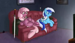 Size: 1630x945 | Tagged: artist:finalflutter, cape, cheerilee, clothes, couch, derpibooru import, game of thrones, minuette, painting, safe, soon, sword, weapon