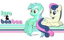 Size: 1440x900 | Tagged: safe, artist:eklipse13, artist:sierraex, derpibooru import, bon bon, lyra heartstrings, sweetie drops, earth pony, pony, unicorn, duo, sitting, sitting lyra, wallpaper