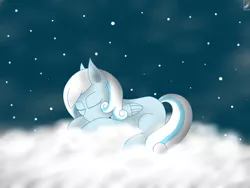 Size: 1024x768 | Tagged: artist:lugiadriel14, cloud, derpibooru import, oc, oc:snowdrop, safe, sleeping, snow, snowfall, solo, unofficial characters only