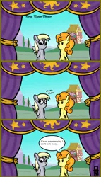 Size: 582x1020 | Tagged: safe, artist:mangameister, derpibooru import, carrot top, derpy hooves, golden harvest, pegasus, pony, comic, female, googly eyes, hand puppet, mare, pony puppet theater, puppet