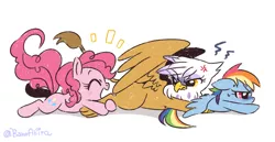 Size: 700x361 | Tagged: safe, artist:akira bano, derpibooru import, gilda, pinkie pie, rainbow dash, earth pony, gryphon, pegasus, pony, angry, caught, female, hug, leg hug, looking back, mare, pixiv, simple background, spread wings, trio, vein bulge, white background, wings