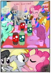 Size: 1741x2500 | Tagged: suggestive, artist:pyruvate, derpibooru import, berry punch, berryshine, bon bon, carrot top, derpy hooves, doctor whooves, golden harvest, lyra heartstrings, octavia melody, pinkie pie, sweetie drops, time turner, pegasus, pony, comic:the usual, comic, derpypie, dialogue, female, french kiss, kissing, lesbian, mare, surprise kiss, surprised