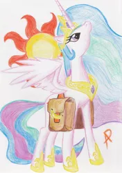 Size: 1280x1819 | Tagged: artist:arxuicy, banana, banana bag, derpibooru import, princess celestia, safe, solo, sun, traditional art