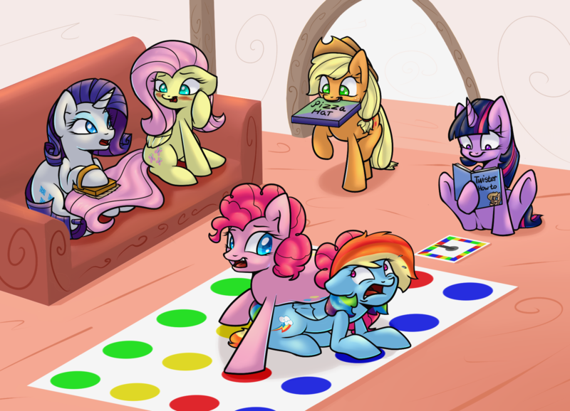 Size: 1800x1300 | Tagged: safe, artist:slavedemorto, derpibooru import, applejack, fluttershy, pinkie pie, rainbow dash, rarity, twilight sparkle, brushing, brushing tail, couch, image, mane six, pizza box, png, twister