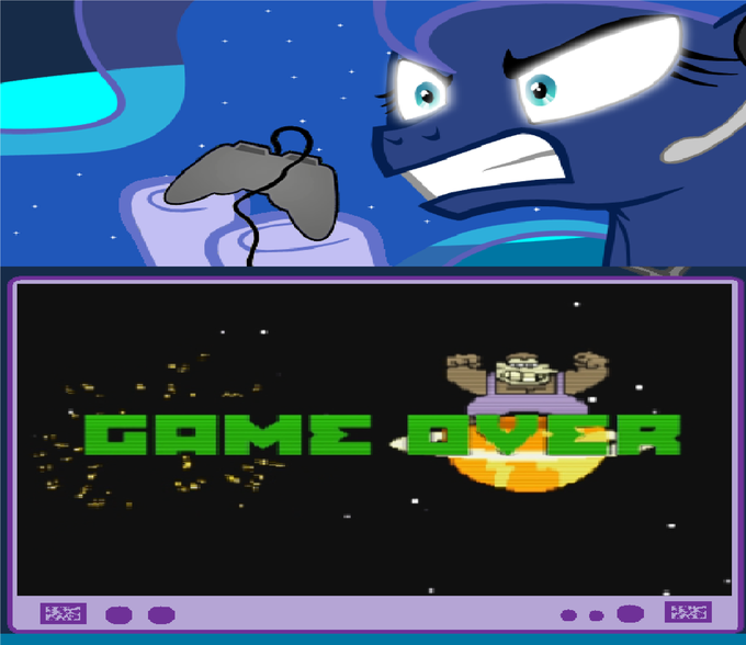 Size: 680x588 | Tagged: derpibooru import, exploitable meme, futurama, game over, gamer, gamer luna, gamer meme, meme, monkey fracas jr, obligatory pony, princess luna, safe, space pilot 3000, tv meme