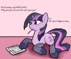 Size: 1202x1000 | Tagged: safe, artist:thattagen, derpibooru import, princess celestia, twilight sparkle, clothes, dialogue, ipad, mouth hold, pocky, socks, sockypockytwi