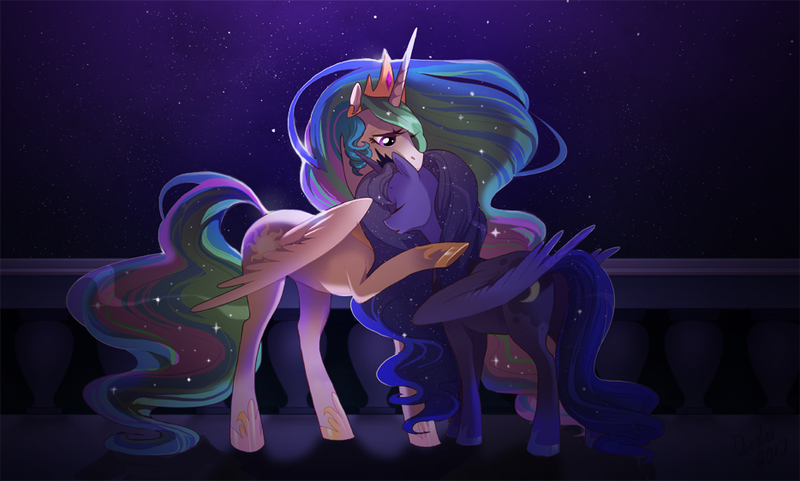 Size: 934x562 | Tagged: dead source, safe, artist:dashiana, derpibooru import, princess celestia, princess luna, alicorn, pony, balcony, ethereal mane, eyes closed, female, frown, hoof shoes, hug, lidded eyes, mare, night, no more ponies at source, nuzzling, raised hoof, spread wings, starry night, stars, underhoof, wing fluff, wings