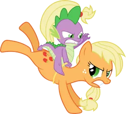 Size: 3000x2708 | Tagged: applejack, applespike, artist:sulyo, bucking, derpibooru import, female, hatless, male, missing accessory, riding, rodeo, safe, shipping, simple background, spike, straight, transparent background, vector