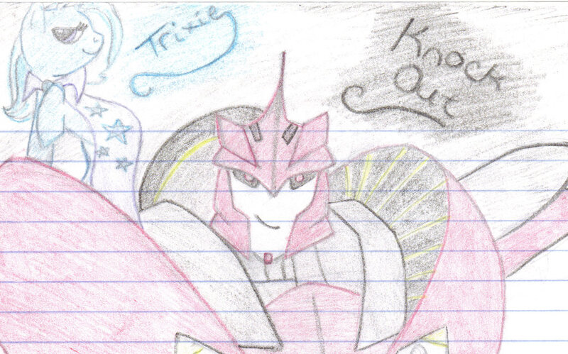 Size: 1024x639 | Tagged: artist needed, crossover, derpibooru import, knock out, lined paper, safe, source needed, traditional art, transformers, transformers prime, trixie