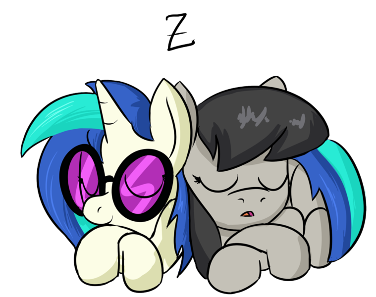 Size: 902x713 | Tagged: safe, artist:zanezandell, derpibooru import, octavia melody, vinyl scratch, :o, cuddling, eyes closed, female, lesbian, prone, scratchtavia, shipping, simple background, sleeping, smiling, snuggling, tail hug, transparent background, z