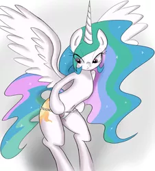 Size: 1680x1861 | Tagged: suggestive, artist:zev, derpibooru import, princess celestia, pony, semi-anthro, belly button, bipedal, dressing, frown, hoof hold, panties, sexy, sinfully sexy, spread wings, unamused