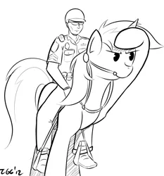 Size: 900x966 | Tagged: safe, artist:tggeko, derpibooru import, lyra heartstrings, human, unicorn, bit, black and white, bridle, grayscale, heartstrings, monochrome, police