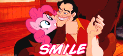 Size: 500x230 | Tagged: animated, beauty and the beast, caption, crossover, derpibooru import, edit, falcon punch, gaston, gaston punch, image macro, pinkiebuse, pinkie pie, punch, safe, smiling
