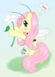 Size: 900x1250 | Tagged: animal costume, artist:joakaha, bee, bee costume, clothes, costume, derpibooru import, flower, flutterbee, fluttershy, safe, solo, thought bubble