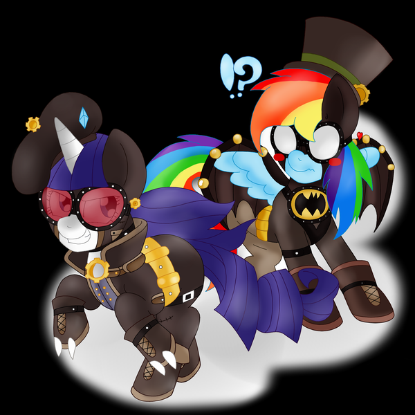 Size: 2000x2000 | Tagged: alternate version, artist:blackbewhite2k7, batman, batmare, catwoman, crossover, derpibooru import, female, lesbian, parody, rainbow dash, raridash, rarity, safe, shipping, steampunk