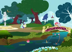 Size: 14720x10800 | Tagged: safe, derpibooru import, apple bloom, bon bon, lyra heartstrings, sweetie belle, sweetie drops, earth pony, pony, unicorn, absurd resolution, bench, bridge, fishing, fishing rod, fountain, mouth hold, park, river, sitting, sitting lyra, stream, tree, turnabout storm
