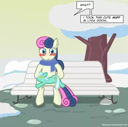 Size: 3289x3264 | Tagged: suggestive, artist:negasun, derpibooru import, bon bon, lyra heartstrings, sweetie drops, pony, bench, bipedal, blushing, clothes, hoofing, lyra plushie, muff, pun, scarf, sitting, solo, spitroast, visual pun, wat