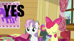 Size: 480x270 | Tagged: animated, apple bloom, clubhouse, crusaders clubhouse, derpibooru import, duo, edit, edited screencap, eyes closed, hearts and hooves day, hearts and hooves day (episode), image macro, nodding, reaction image, safe, screencap, sweetie belle