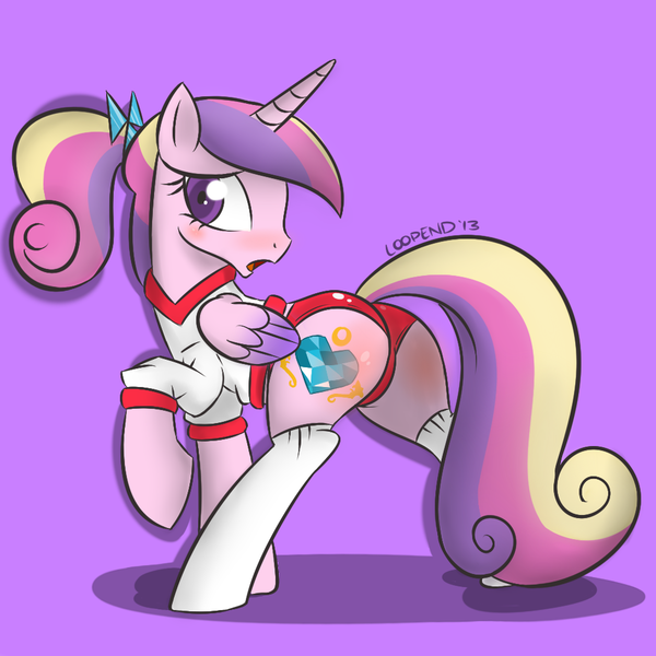 Size: 1000x1000 | Tagged: artist:pijinpyon, blushing, clothes, derpibooru import, female, gym uniform, lovebutt, outfit, plot, ponytail, princess cadance, socks, solo, solo female, spanking, sports panties, suggestive, teen princess cadance