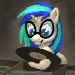 Size: 900x900 | Tagged: safe, artist:tranquilmind, derpibooru import, vinyl scratch, glasses, record, solo, wrong eye color, younger