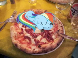 Size: 548x411 | Tagged: copypasta, derpibooru import, food, fork, irl, knife, photo, pizza, plate, ponies in real life, rainbow dash, sacrifice, safe, spicy, table