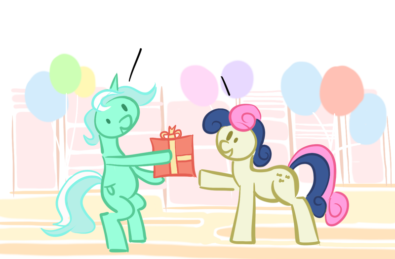 Size: 1417x931 | Tagged: safe, artist:gsphere, derpibooru import, bon bon, lyra heartstrings, sweetie drops, earth pony, pony, unicorn, balloon, bipedal, exploitable, present, smiling