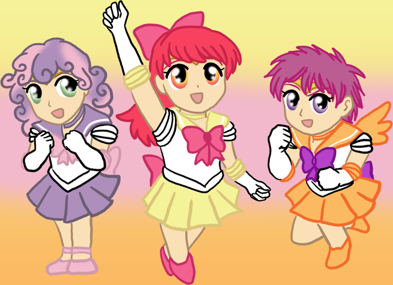 Size: 1238x897 | Tagged: apple bloom, artist:cardcaptorkatara, clothes, cutie mark crusaders, derpibooru import, evening gloves, humanized, safe, sailor moon, scootaloo, sweetie belle